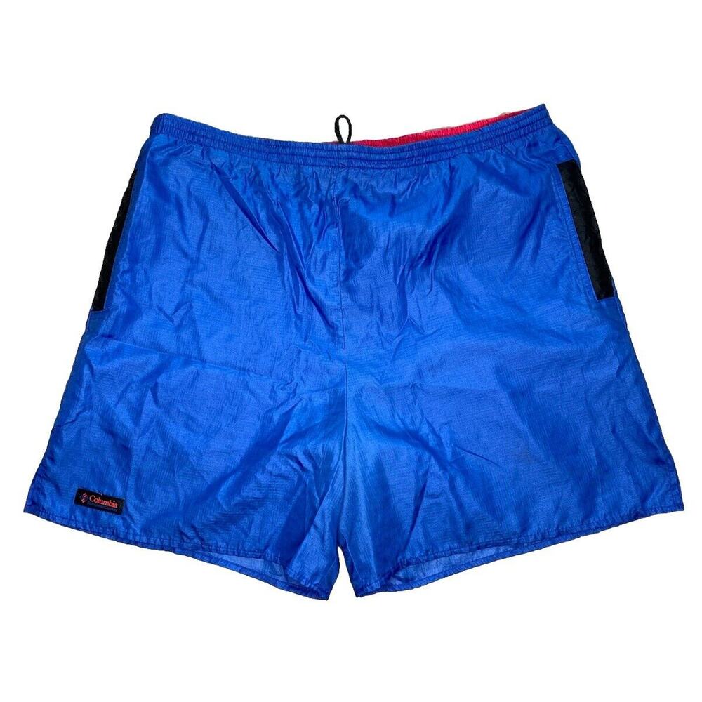 Vintage COLUMBIA Men's Swim Trunks Medium Blue Pink Swimsuit 5" 90s Nylon